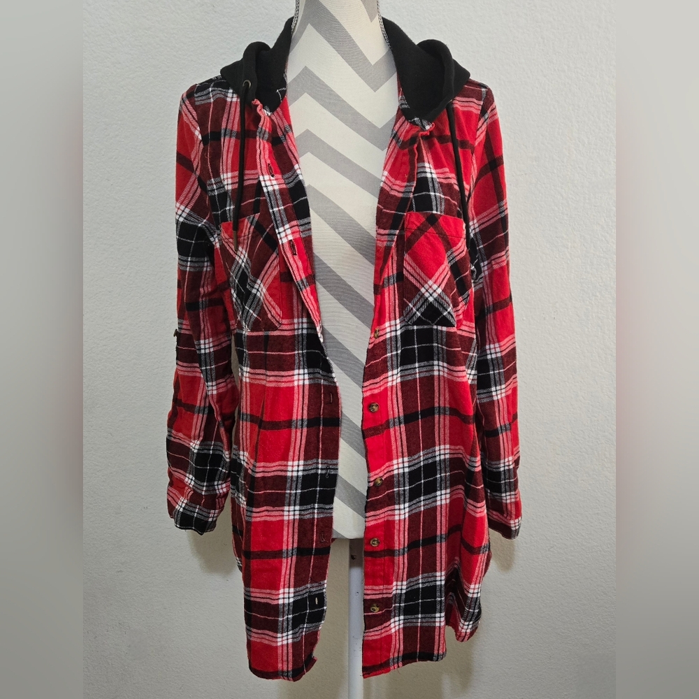 No Boundaries Hooded Plaid Flannel Button Down Shirt Size XXXL (21) Juniors - Picture 6 of 12